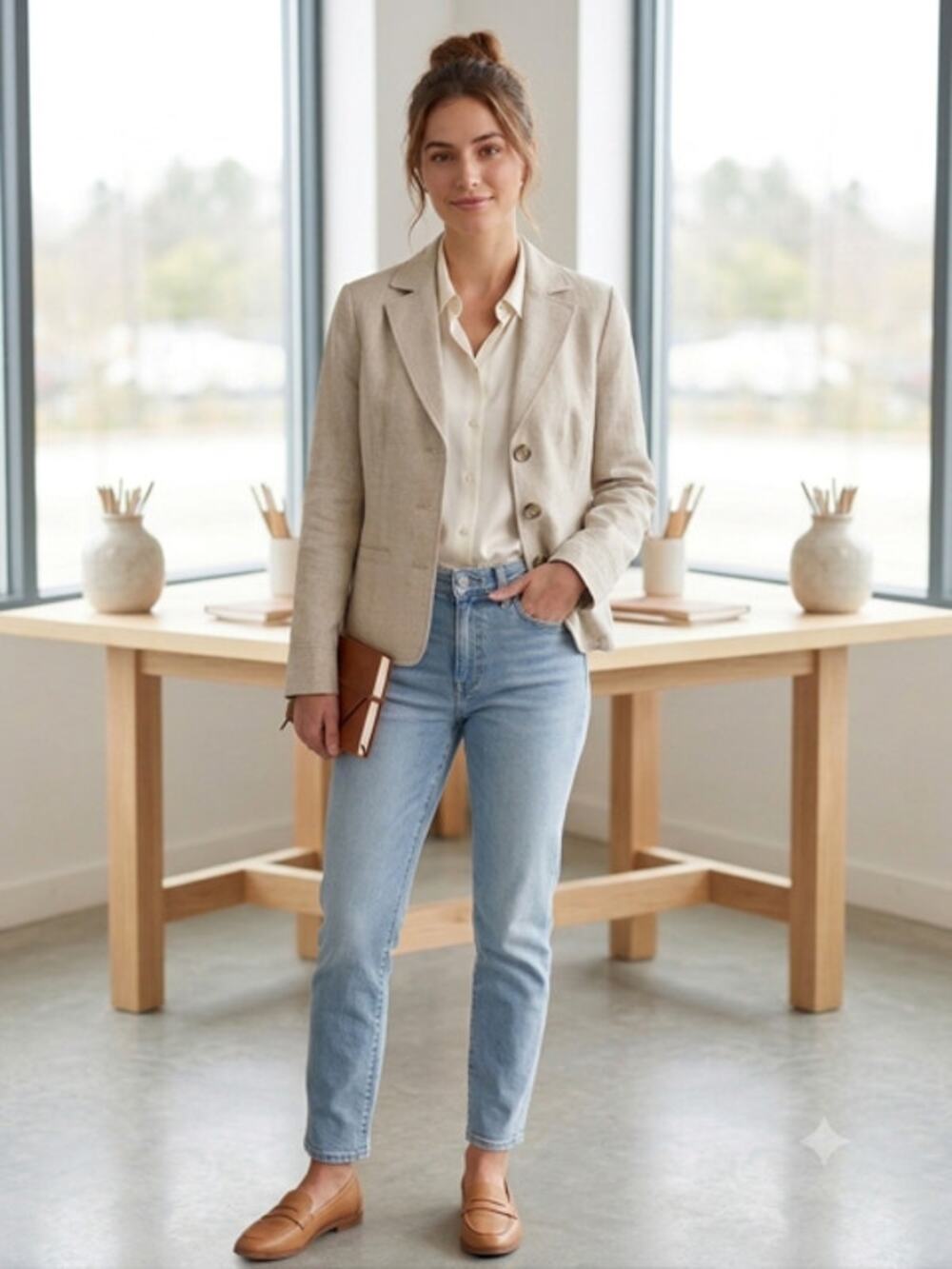 LL Bean Vintage Aesthetic Beige 100% Linen Blazer Jacket Sz 8 Petite Coastal